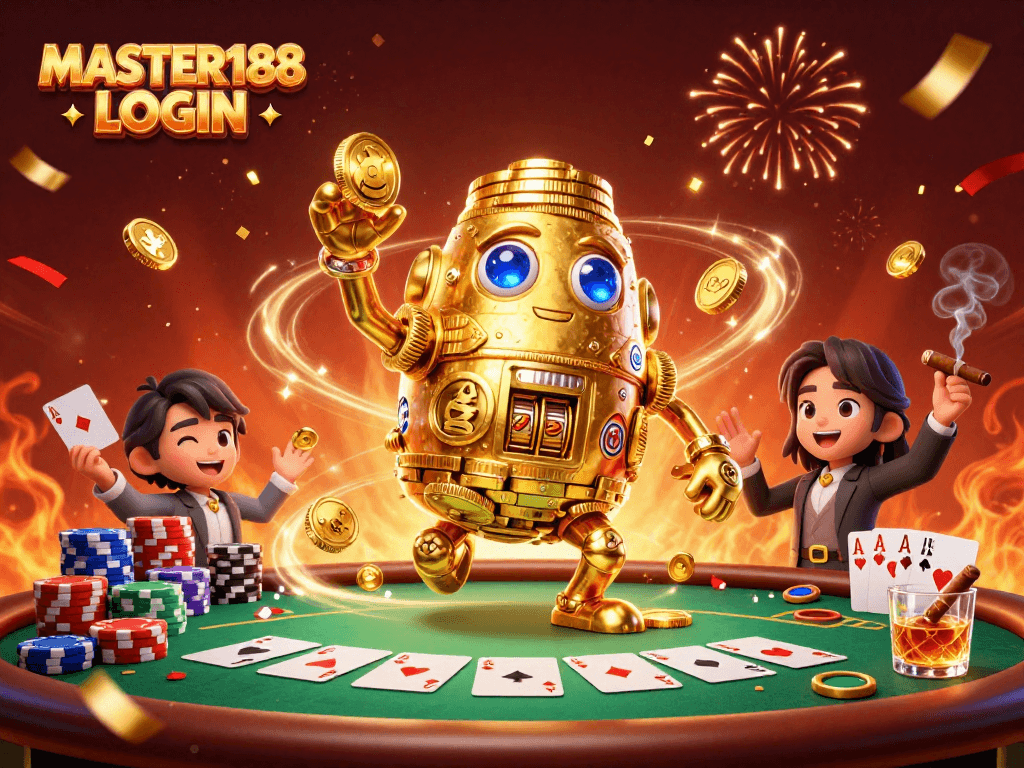 Engage with MASTER188 LOGIN, showcasing golden golem and poker elements in vibrant casino scene.