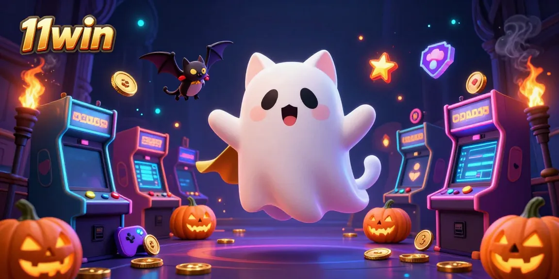 11win captures the thrill of gaming with a ghost cat and vampire bat in a haunted casino.