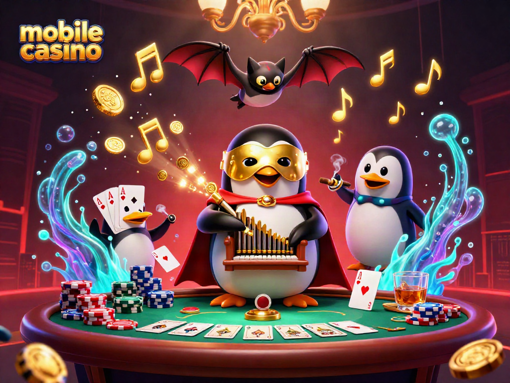 Experience thrilling action at a mobile casino as golden coins fly from a pipe organ amid vibrant characters and games.