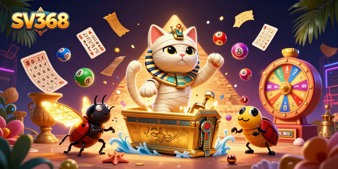 Engage with the thrilling atmosphere of SV368 as an Egyptian mummy cat and scarab beetle celebrate casino wins.