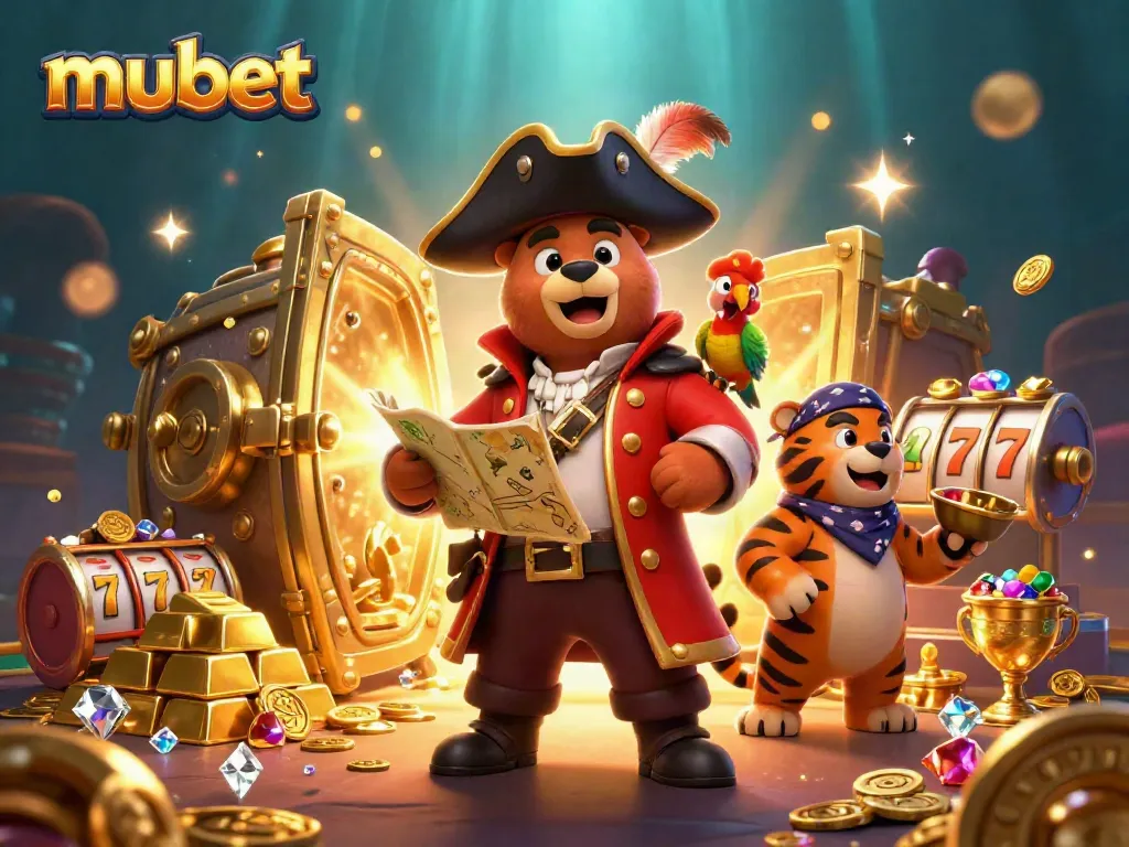 Join the exciting mubet adventure with a cartoon pirate bear and tiger amid treasure and slot elements.