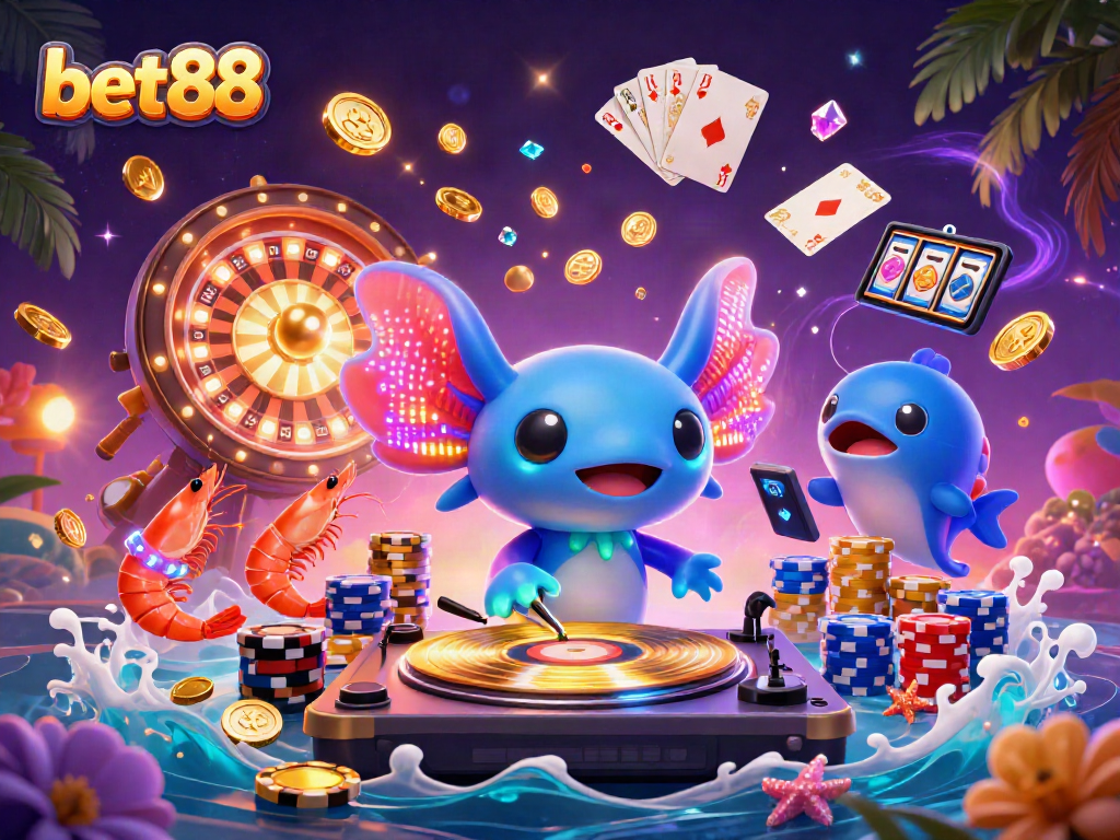 Bet88 presents an energetic underwater casino scene featuring a neon axolotl DJ and lively sea creatures.