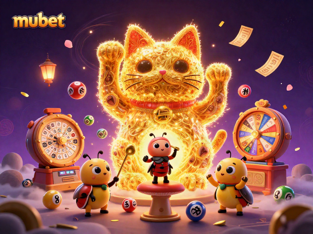 Experience the excitement of mubet with a dynamic illustration of casino elements and golden fireflies.