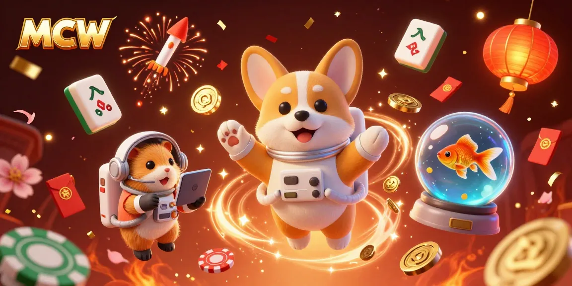 Experience the dynamic chaos of MCW's casino universe with 3D explorers amidst floating chips and vibrant decorations.