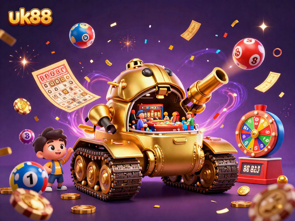 Experience the excitement of uk88 with a dynamic casino-themed scene featuring a golden beetle tank and vibrant game elements.