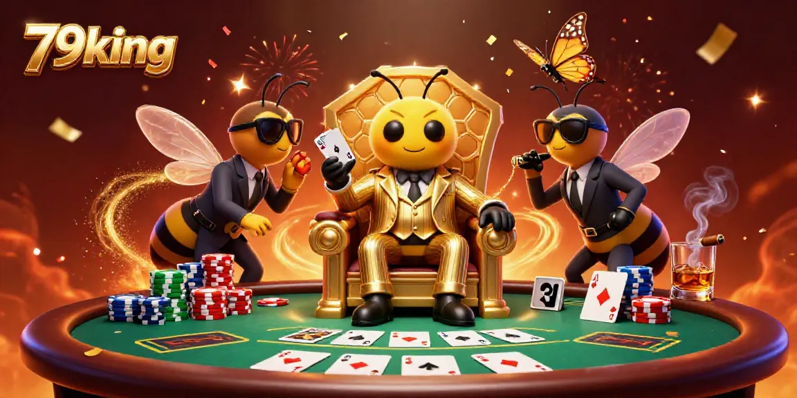 Experience the excitement at 79king with a bumblebee mob boss presiding over a poker table filled with vibrant gaming elements.