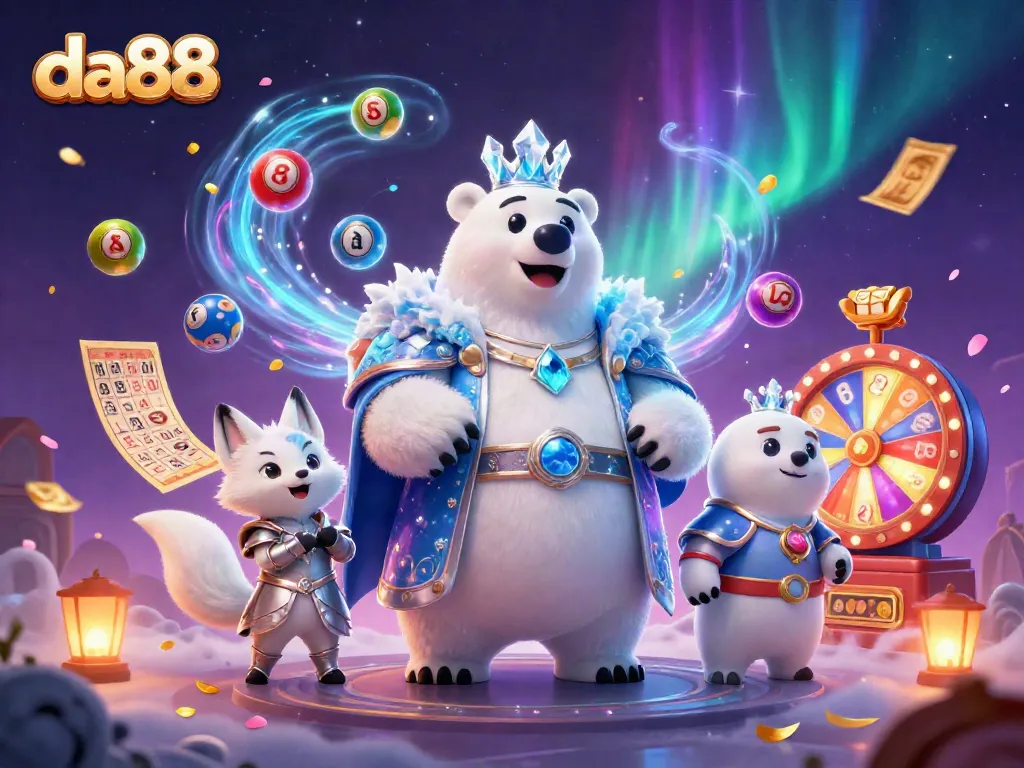 Engage with da88, a vibrant casino scene featuring a royal-themed polar bear and snow fox among gaming elements.