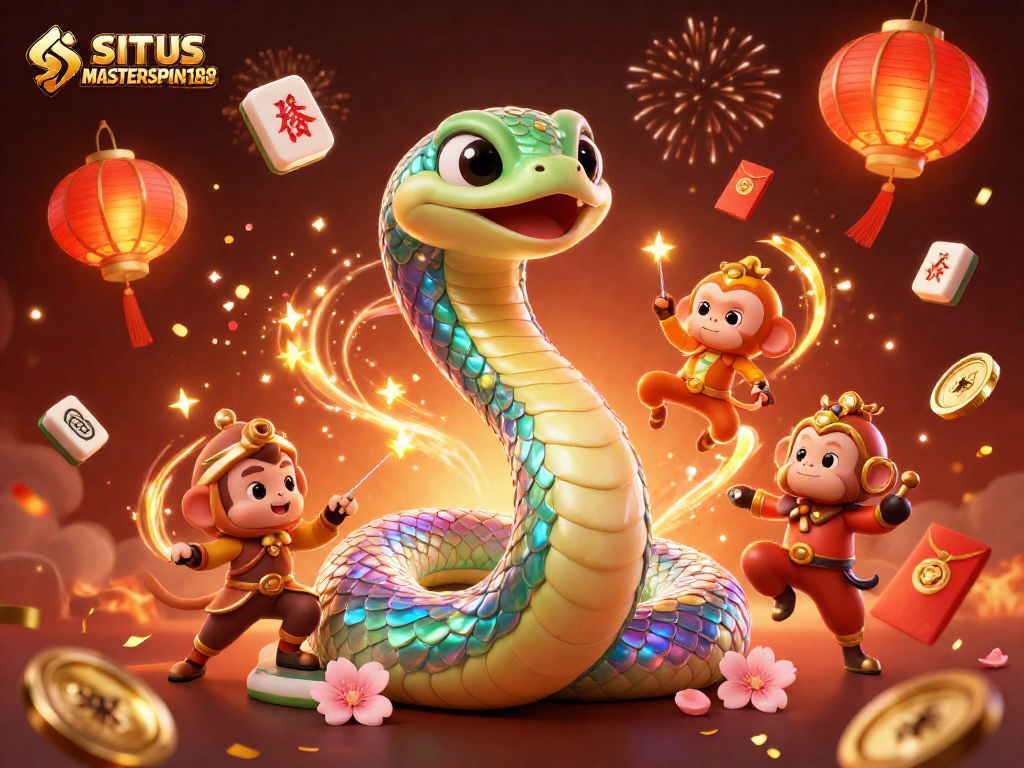 SITUS MASTERSPIN188 showcases a vibrant 3D casino scene with a rainbow serpent and a monkey king celebrating