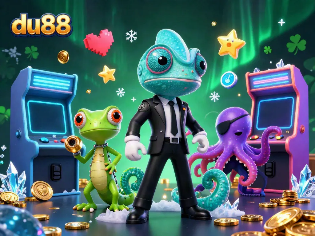 Experience thrilling gameplay at du88 featuring chameleon and gecko characters in a vibrant casino scene.