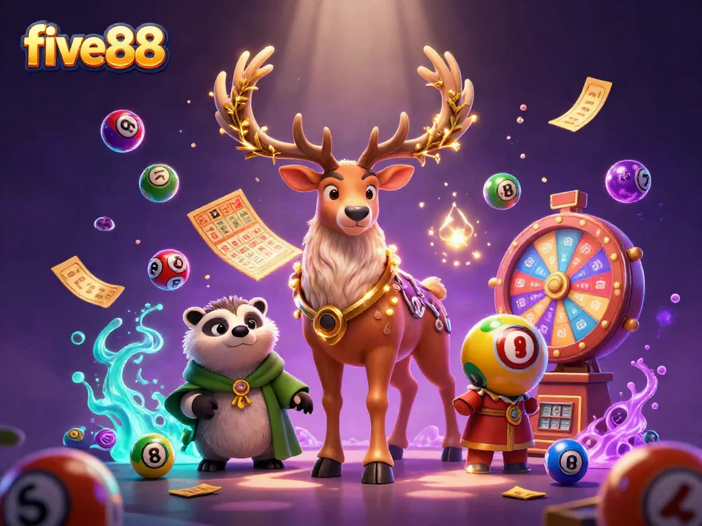 Experience exciting games with five88 in this vibrant, illustrated casino scene.