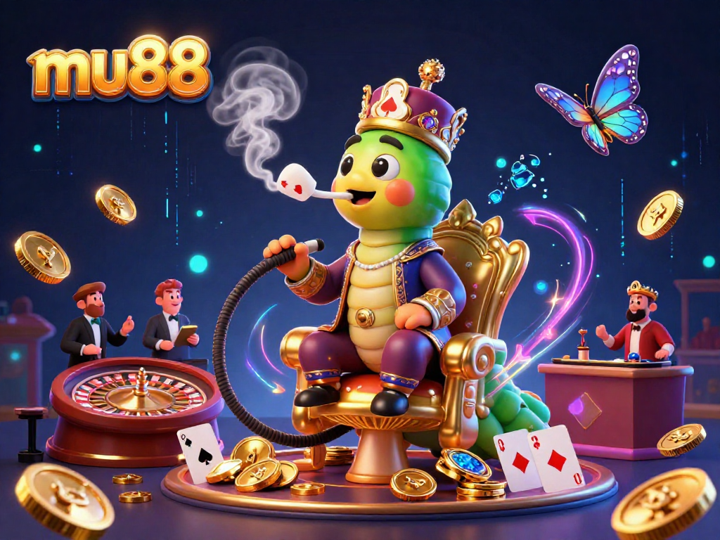 Experience the vibrant live casino atmosphere with mu88, featuring a lively caterpillar sultan surrounded by poker-hand smoke rings.