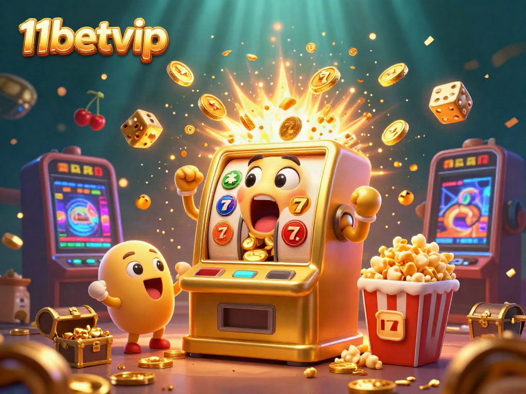 11betvip's golden slot machine celebrates a jackpot win, surrounded by festive elements and cheering companions in a vibrant casino setting.