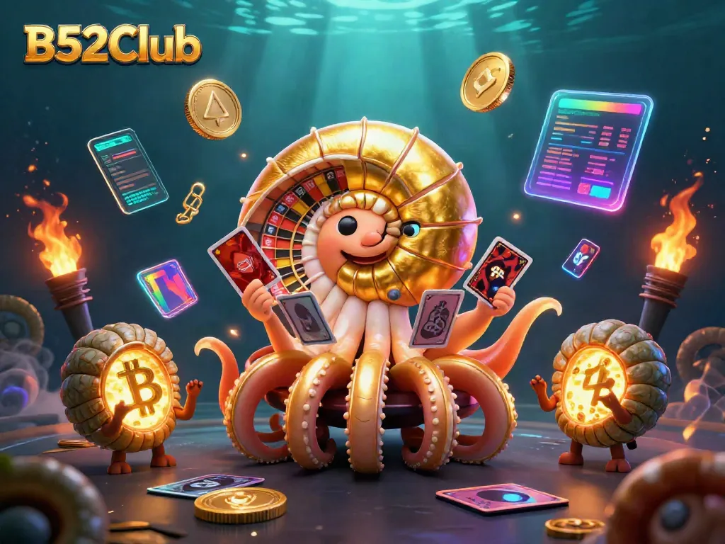 Engage with B52Club's thrilling adventures featuring a giant nautilus roulette wheel in an animated casino atmosphere.