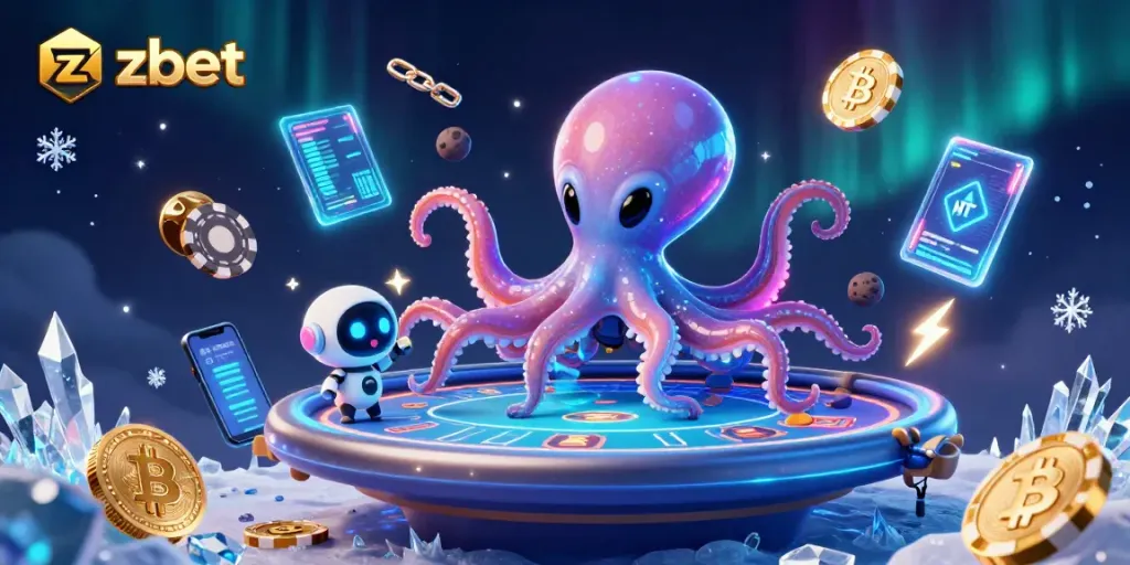 Experience thrilling gameplay at zbet with an exciting alien octopus at a poker table.