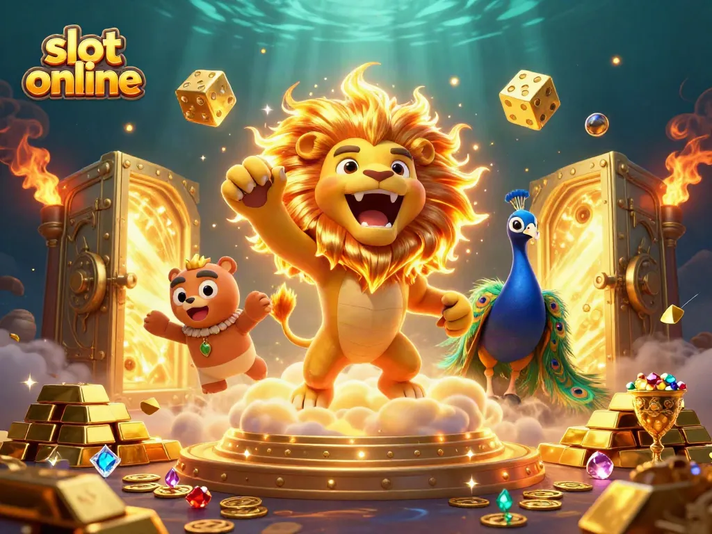 Engage with slot online through a vibrant 3D cartoon illustration featuring gold treasures and playful characters.