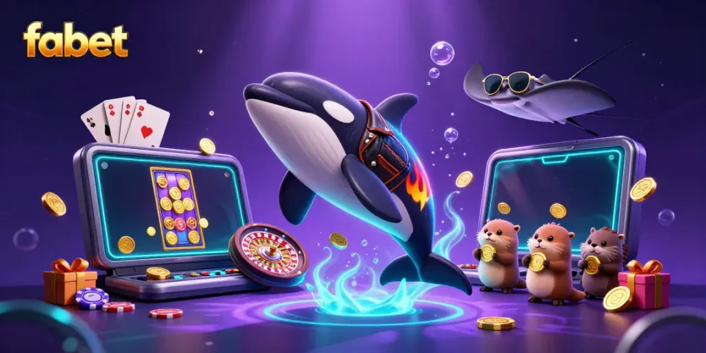 Experience winning moments at fabet with a vibrant 3D illustration of an orca, stingray, and sea otters surrounded by casino elements