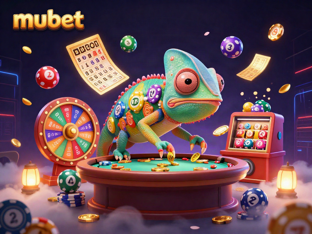 Engage with the vibrant casino atmosphere at mubet, where a chameleon character embodies excitement and color.