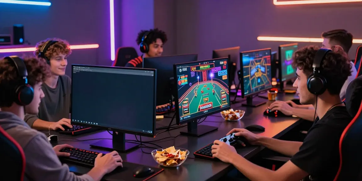 Friends enjoying an exciting gaming session on https://man88pro.com/ with vibrant LED lights and a lively atmosphere.