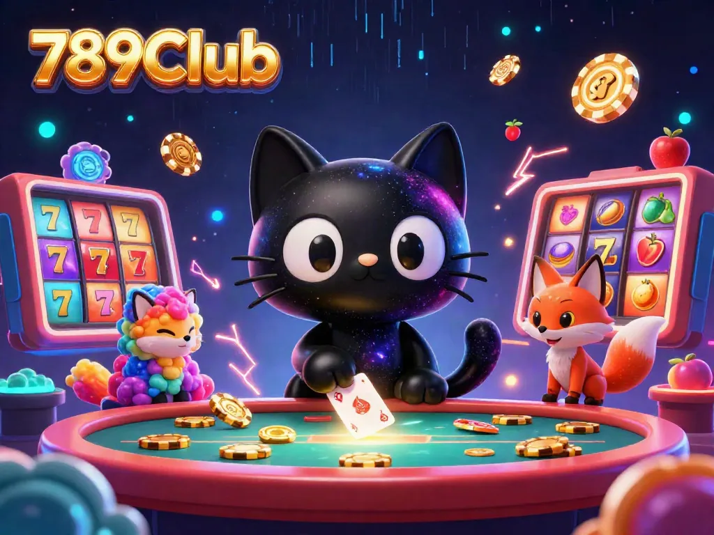 Engage with 789Club's vibrant casino scene featuring a cosmic cat and a nebula fox among slot reels.