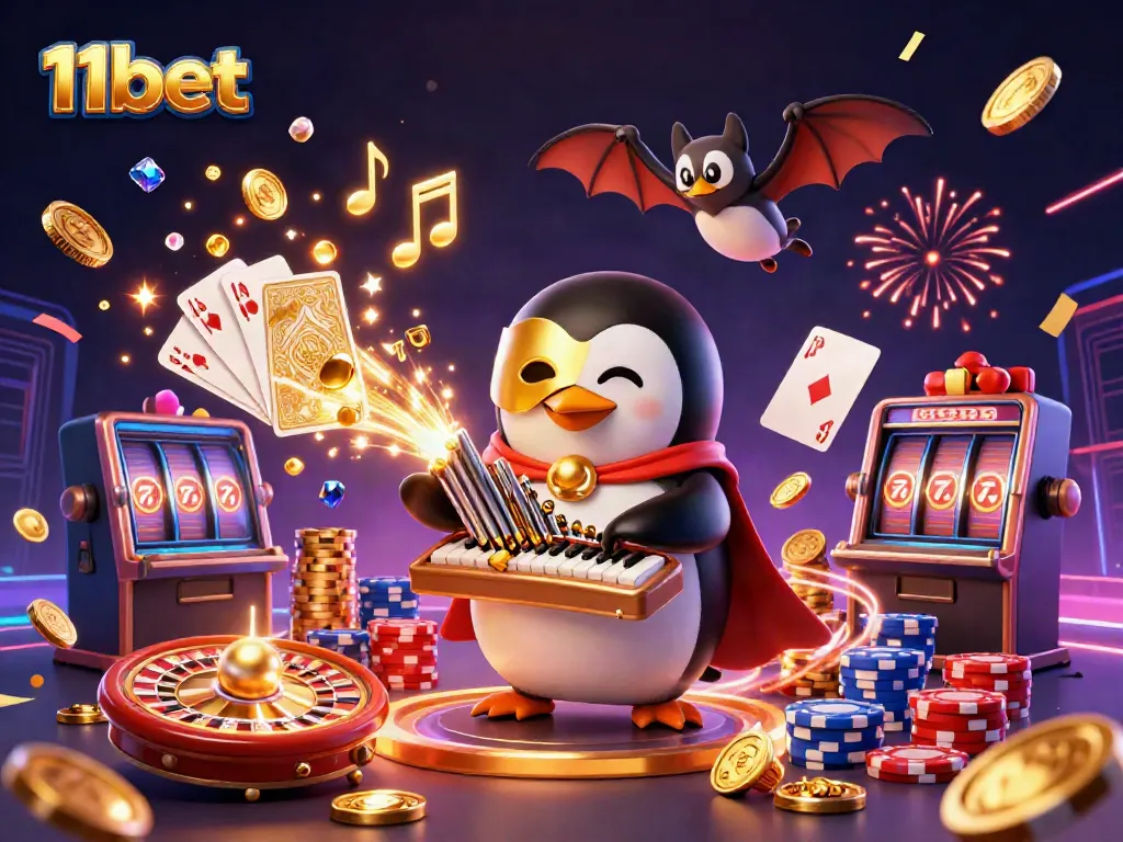 Experience the thrill of 11bet with a 3D animated penguin organist and dazzling casino elements.