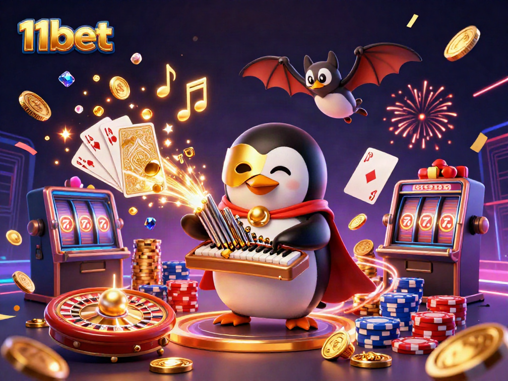 Experience the thrill of 11bet with a 3D animated penguin organist and dazzling casino elements.