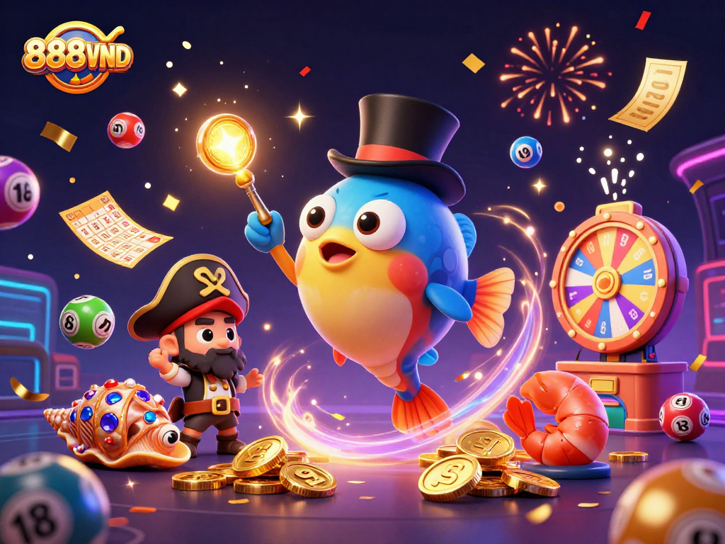 Spin and win at 888VND with vibrant lottery elements and treasure-themed characters.