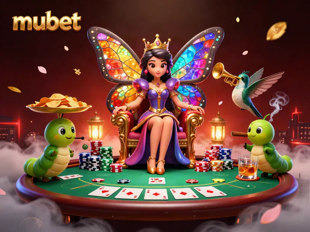 Experience mubet's colorful casino world with a butterfly queen, poker elements, and vibrant visuals.