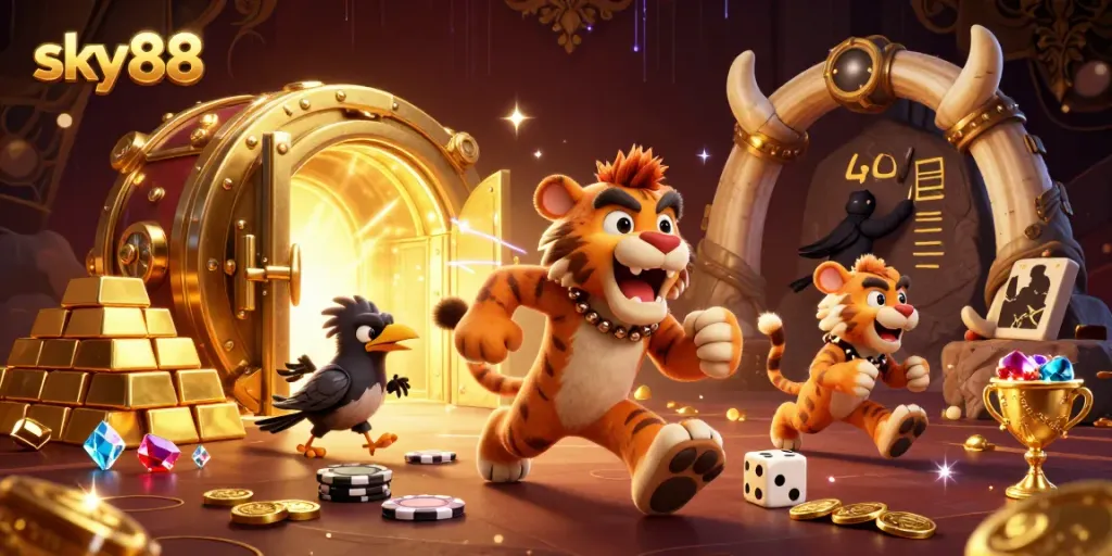 Experience thrilling gambling at sky88 with a playful caveman and sabertooth duo in a vibrant prehistoric casino.
