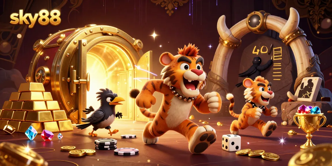 Experience thrilling gambling at sky88 with a playful caveman and sabertooth duo in a vibrant prehistoric casino.