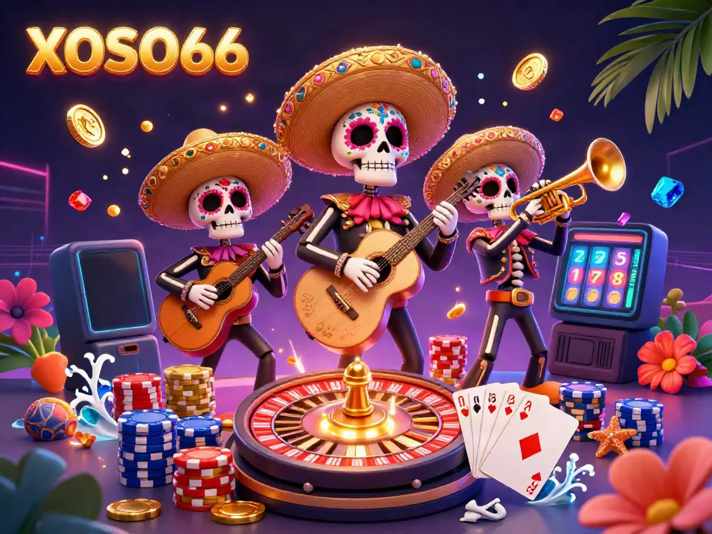 Experience the vibrant energy of XOSO66's 3D mariachi band amid flying coins and lottery excitement.