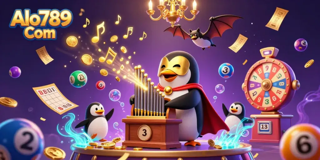 Experience thrilling gaming at Alo789 Com with a playful penguin orchestrating a vibrant casino scene filled with dynamic elements.