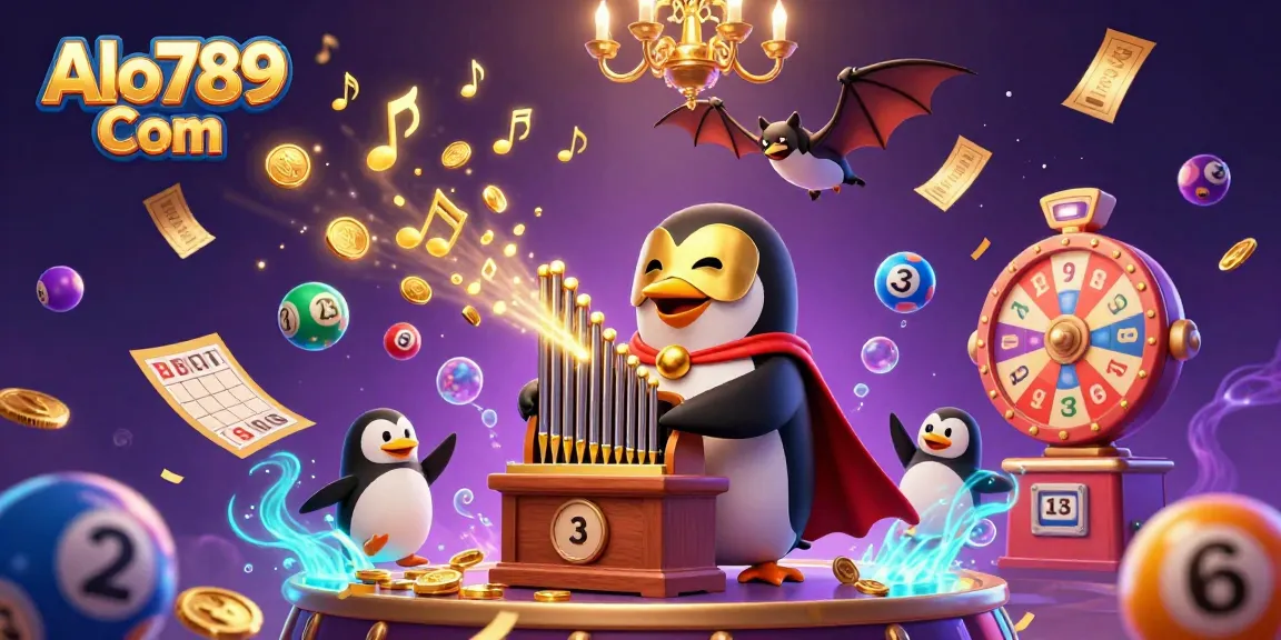 Experience thrilling gaming at Alo789 Com with a playful penguin orchestrating a vibrant casino scene filled with dynamic elements.