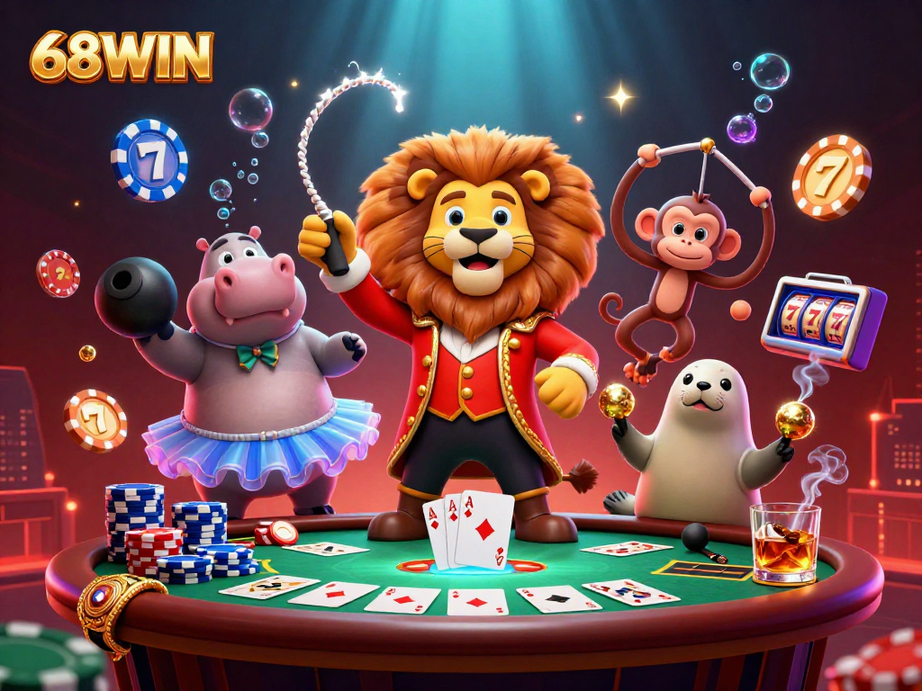 Experience thrilling games at 68WIN with a vibrant casino scene featuring engaging characters and exciting gambling elements.
