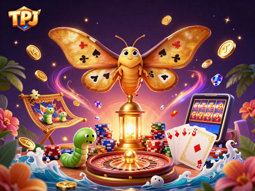 Experience the thrill of TPJ's casino world featuring golden wings, captivating moths, and vibrant gaming elements.