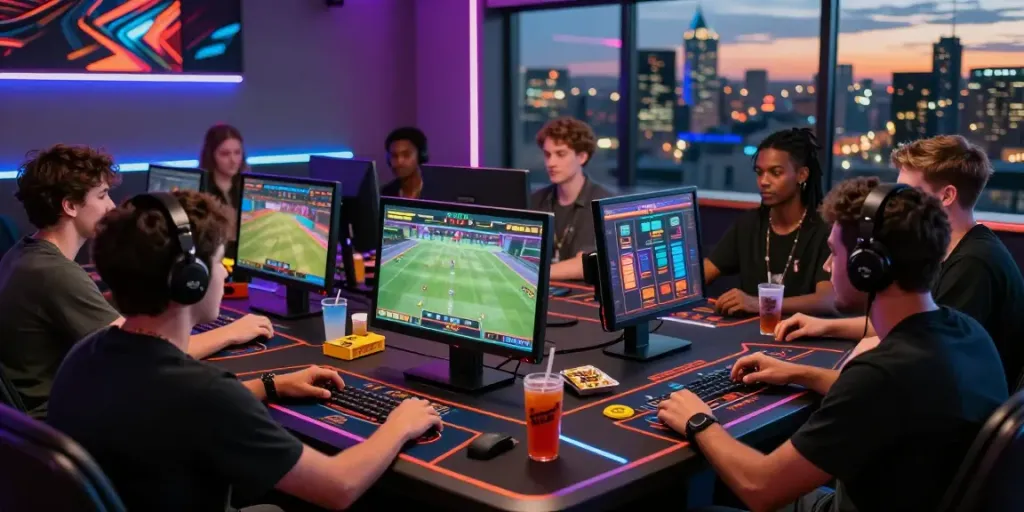 Friends enjoying online betting at FABET with vibrant city lights in the background.