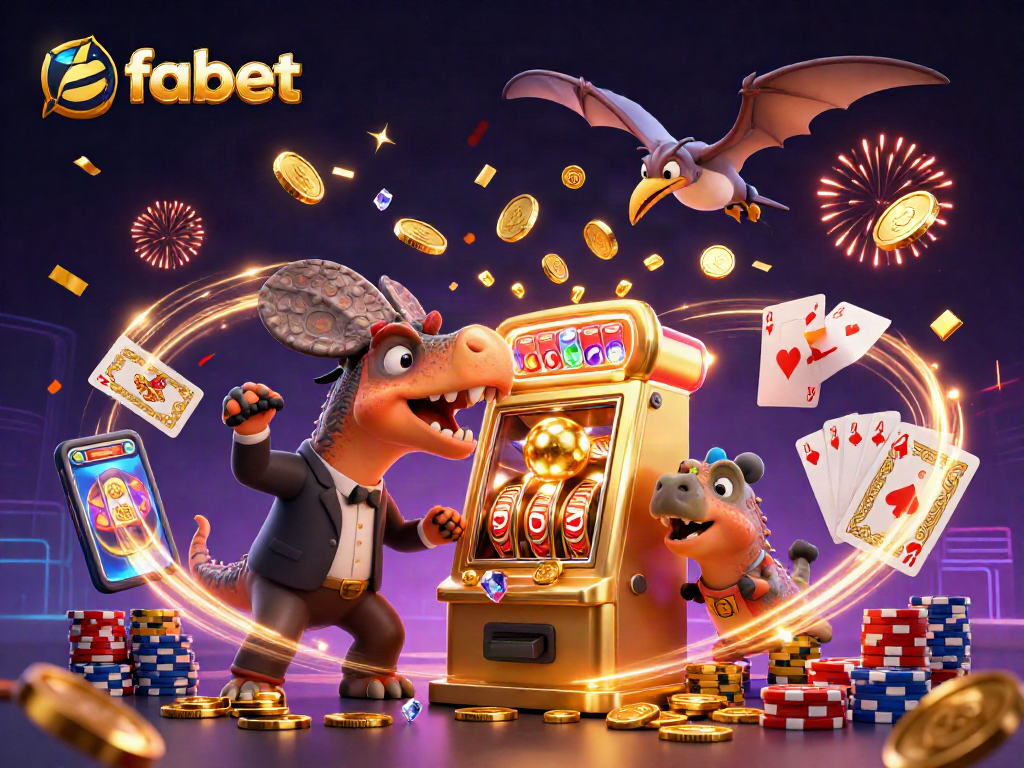 Experience fabet's thrilling jackpot wins with vibrant scenes of cartoon dinosaurs and casinos.