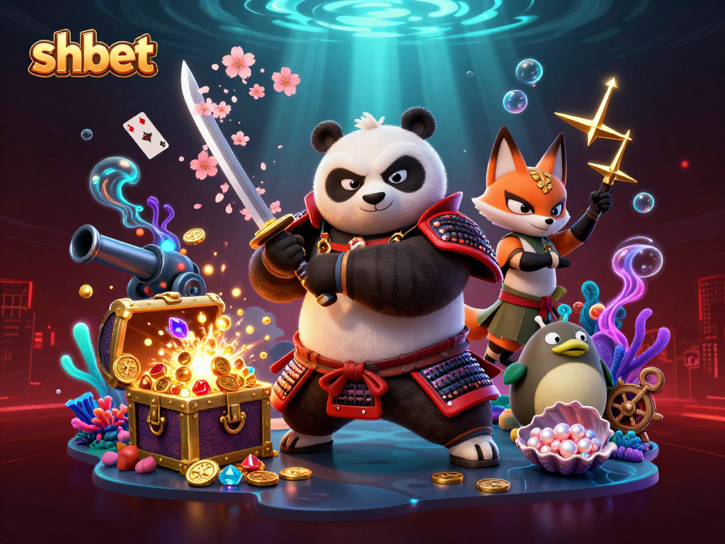 Experience shbet's thrilling samurai panda and ninja fox amidst explosive treasures in this vibrant casino scene.