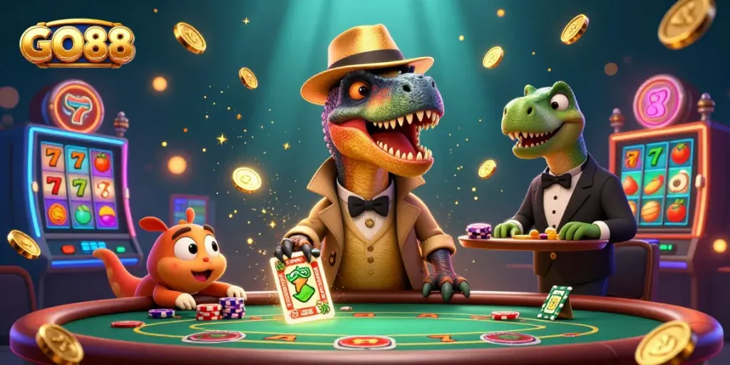 Experience the thrill of GO88 with a vibrant 3D casino scene featuring a cartoon velociraptor at the blackjack table.