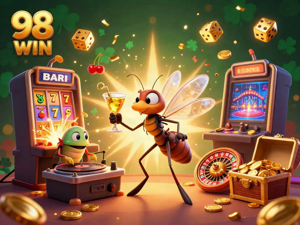 Engage with 98 WIN as a lively frozen-in-amber mascot mingles at a vibrant casino scene.