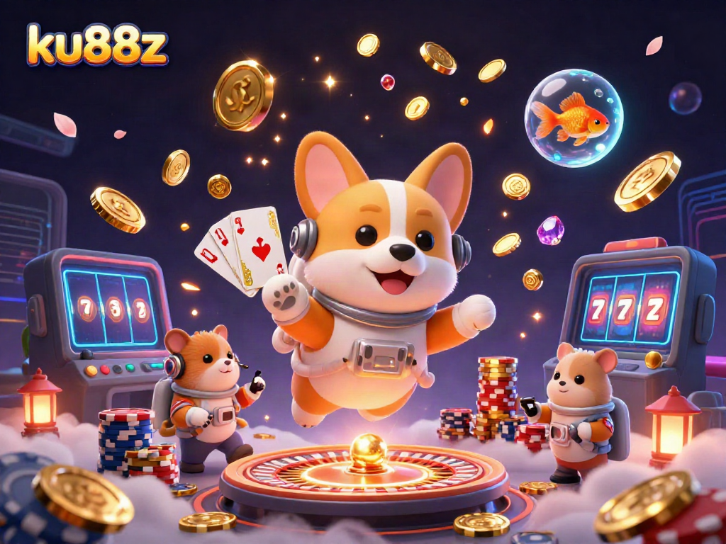 Win big with ku88z in a dynamic casino space filled with floating coins and an astronaut corgi!