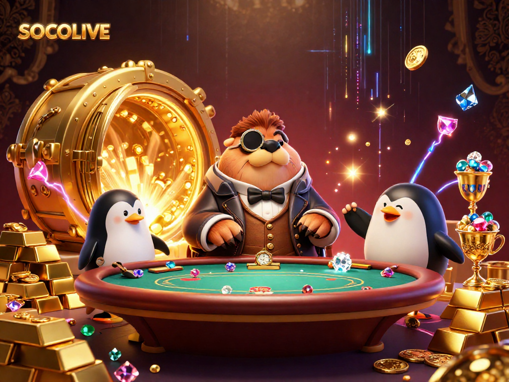 SOCOLIVE showcases a jolly walrus at an underwater poker table, surrounded by treasure and gems.