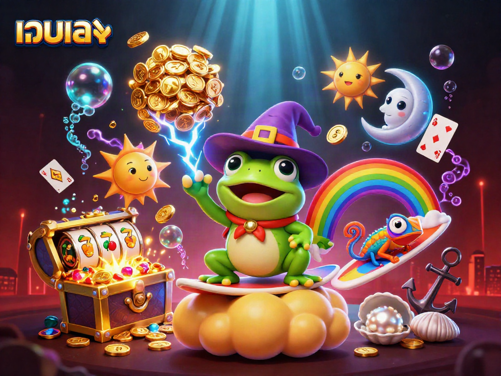 Experience the magic of เว็บตรง as the frog conjures coins and the chameleon rides golden clouds.