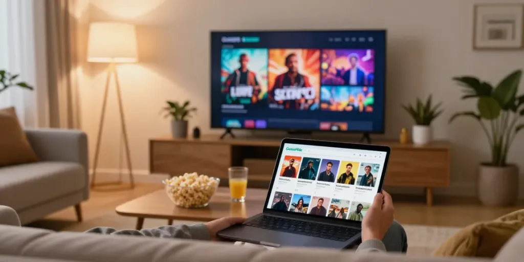 CocoFlix app official interface displayed on smartphone in a cozy living room.