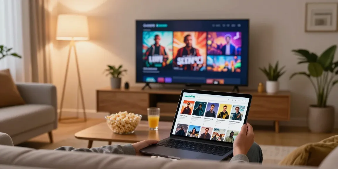 CocoFlix app official interface displayed on smartphone in a cozy living room.