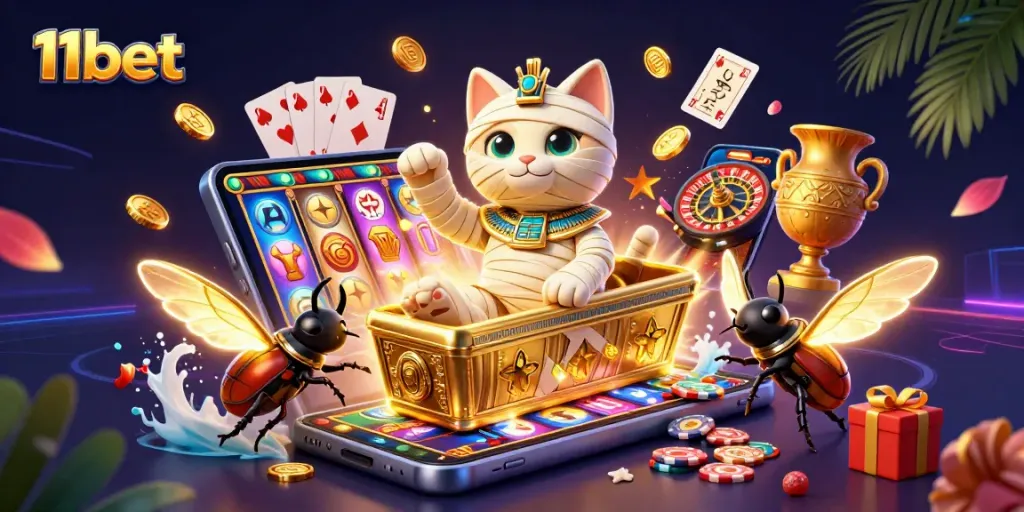 Experience thrilling gameplay with 11bet's vibrant 3D casino illustration featuring epic gaming elements.