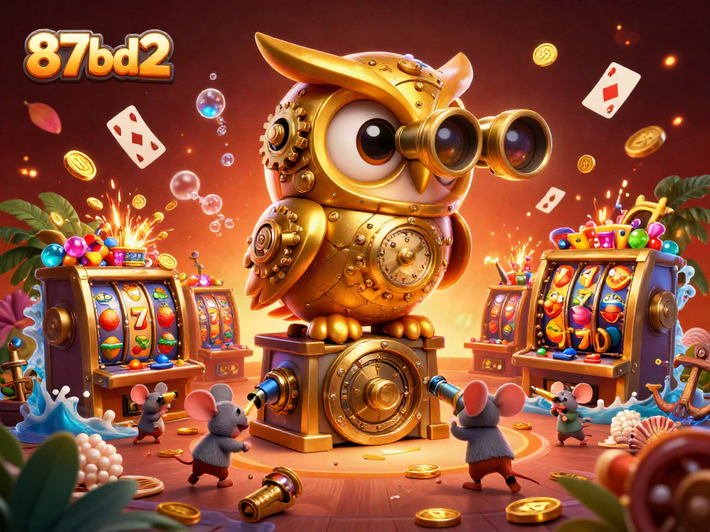 Experience the thrilling atmosphere of 87bd2 with dynamic characters, slot machines, and exciting gambling elements.