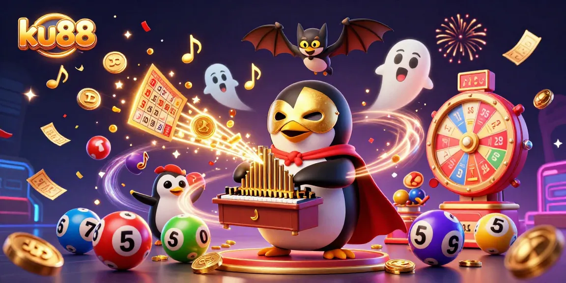 ku88 promotional illustration showcasing thrilling online gambling elements with vibrant scenes and characters.