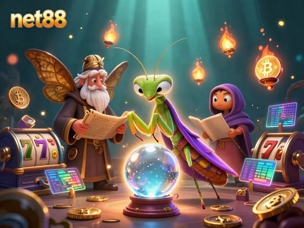 Experience vibrant slot gaming action with net88, featuring a mystical scene of fortune tellers and gambling elements.
