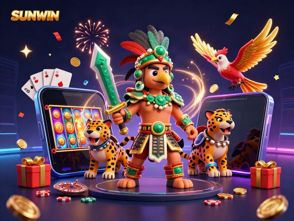 Experience excitement with SUNWIN's vibrant 3D illustration of a casino scene featuring dynamic characters and gaming elements.