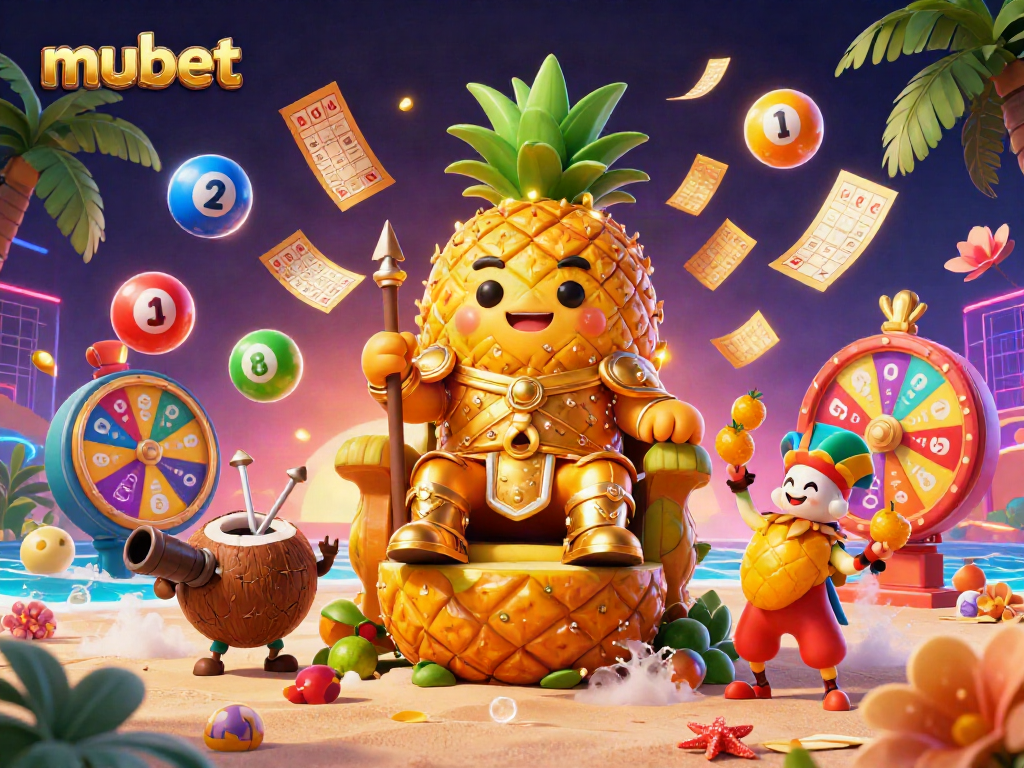 Engage in vibrant mubet gaming action with a golden pineapple king and tropical characters in a dynamic casino scene.